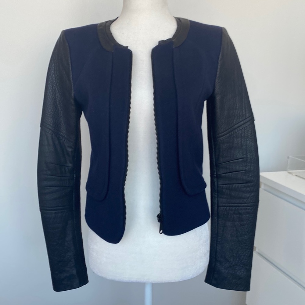 Rebecca Minkoff Navy Wool jacket with Leather Sleeves and Trim XS